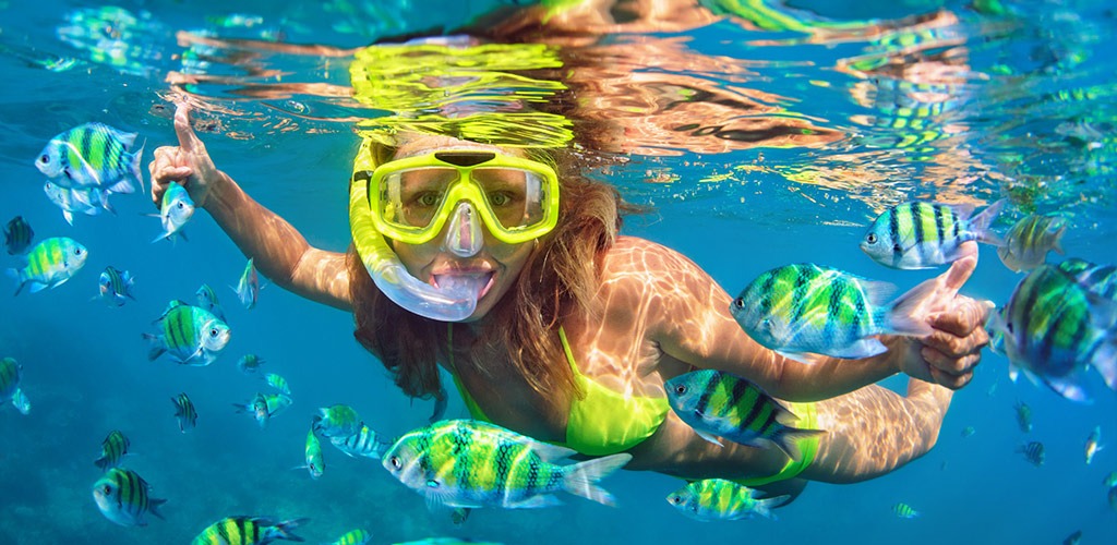 Woman snorkelling among tropical fish in the clear waters around Hamilton Island, Queensland
